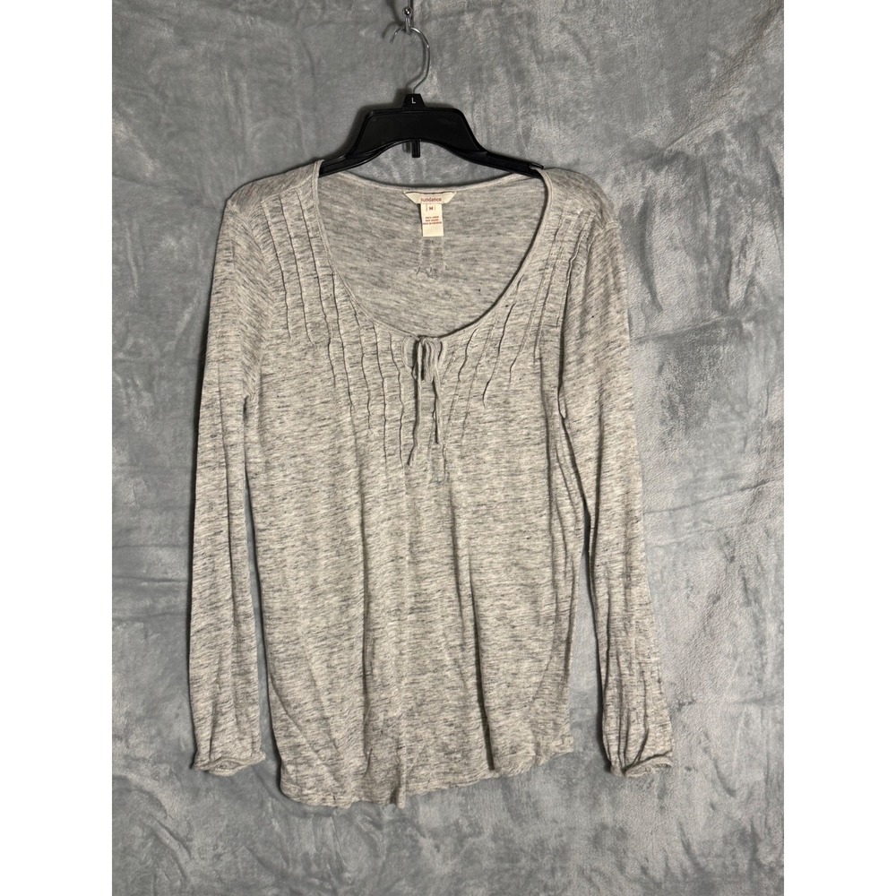 Sundance Womens Grey 100% Linen Pintuck Tie Front Long Sleeve Top Size M